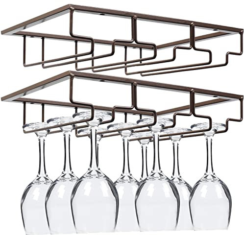SYITCUN 2 Pack Wine Glass Holders Hanging Under Shelf,3 Rows for 9 Wine Glasses,Heavy Duty Metal Hanging Wine Glass Rack