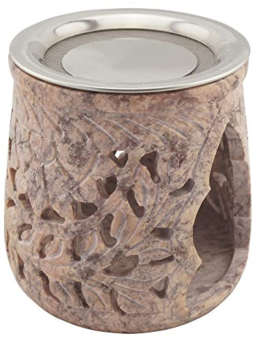 Handgefertigtes Räucherstövchen aus indischem Speckstein, Rose-marmoriert – Design „Jamal“ – inkl. Edelstahlsieb & Metallscheibe – 10 cm Höhe, Unikat