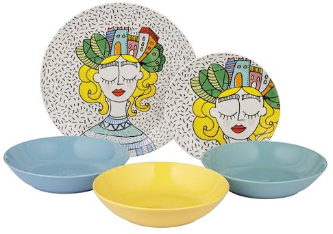 Baroni Home Juego de 18 Platos de porcelana y gres, Vajilla para 6 personas, Set Completo, Conjunto de Platos planos, hondos y platillos para postre (Fantasia City Girl)