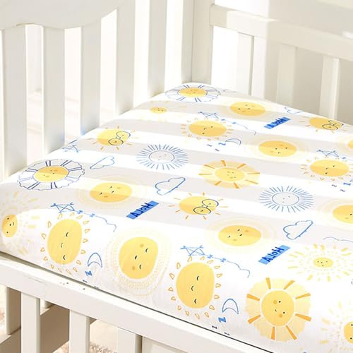 Odot Spannbettlaken für Kinderbett, Kinderwagen Matratzenbezug, Weich Gestrickte Baumwolle Baby Spannbetttuch Stubenwagen Bezug für Babybett/Beistellbett mit Gummizug (Sonne,120x60x6cm)