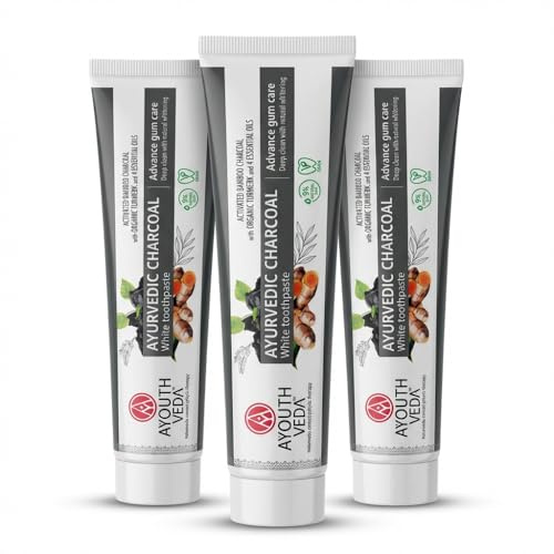 Ayouthveda Ayurvedic Charcoal Toothpaste - Organic Bamboo Charcoal for Natural Whitening & Gum Health, Non-Fluoride, Vegan, Pack of 3 (3 x 100 g)