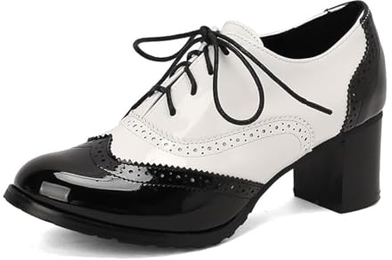 PIVAPAM Womens Vintage Oxfords Shoes Chunky High Heels Lace Up Wingtip Two Tone Perforated Saddle Pumps Shoes, Black-patent, 6 UK
