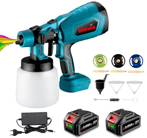 ONEVAN Pistola Pintura bateria, 1000ML pulverizador de Pintura inalámbrica con 2 baterías 3Ah, Pistola para Pintar Paredes y techos, con 3 Modos y 3 boquillas, Pistola de Pintura electrica