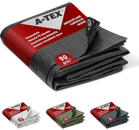 A-TEX® Abdeckplane 90g/m² (Schwarz 2,50 x 10 m) Verschiedene Stärken, Größen und Farben wählbar | Plane mit Ösen | Gewebeplane Gartenplane Zelt Schutzplane | wasserdicht | reißfest | UV-stabilisiert