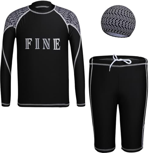 Yruioon Little Big Boys 3 Pcs Athletic Swimsuits UPF 50+ Rash Guard Shirts with Swim Shorts Hat Swimwear Black 15-16 Years