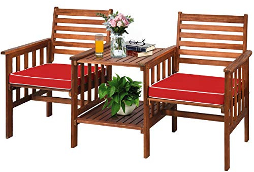 GOPLUS trädgårdsbänk med bord, 2-sitsig träbänk med paraplyhål och sittkudde, sittbänk utomhus av akaciaträ, balkong, bänk, väderbeständig för trädgård, gård, terrass (brun + röd)
