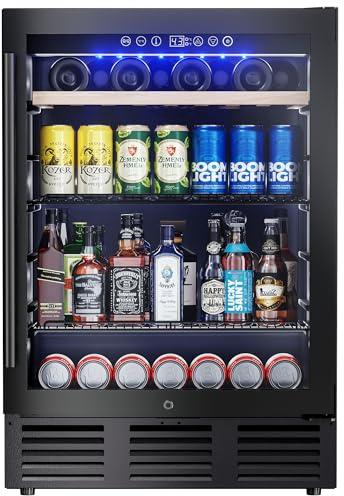 ICEVIVAL 24 Inch Beverage Refrigerator, 98 Cans & 16 Bottles Under Counter Beverage Refrigerator with Glass Door, Adjustable Shelves, Wine Fridge Under Counter for Home, Bar, Office (Black)