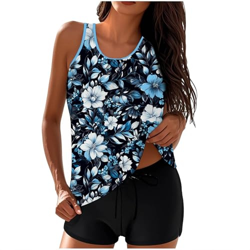 2 Piece Tankini Sets for Women Swimming Costume Floral Printed Tankini Top with Swim Trunks High Waist Boyleg Swimsuit Ladies Athletic Swimwear Set Tummy Control Bathing Suits Plus Size
