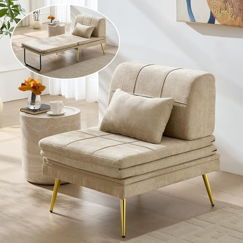 Wumagin Sofá Cama de 1 Plazas Plegable 3 en 1 con Almohadas, Sillon Cama Convertible con Respaldo Ajustable para Salón, Dormitorio (Beige)