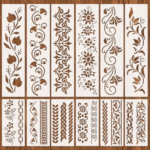 12 Modèles de Bordure Pochoir Peinture Vintage | Pochoirs Réutilisables pour Peinture | Pochoirs Muraux élégants pour Meubles