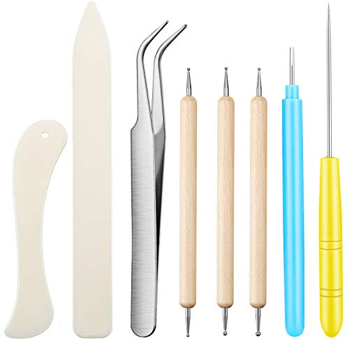 Mudder 8 Pcs Bone Folder Tools Include 2 Pieces Bone Folder Paper Creaser 3 Pieces Double Head Indentation Pens with Sugar Stir Needle Quilling Needle Pen and Tweezers for Card Making Scrapbooking
