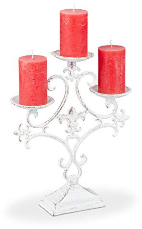 Relaxdays Candelabro Antiguo 3 Brazos, Soporte Porta Velas Vintage, Hierro Fundido, 28,5 x 23 x 7,5 cm, BlancoColores