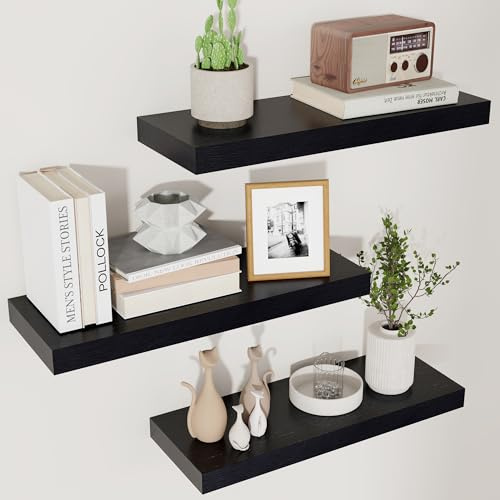 Black Floating Shelves for Wall, Set of 3 - Modern Wooden Shelves for Bedroom, Living Room, Bathroom, Kitchen - Wall Decor Storage