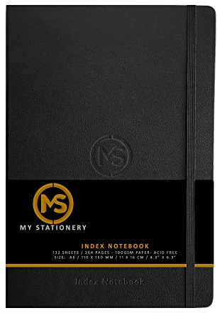 A6-index anteckningsbok inbunden läderskydd 8 mm linjerad marginal A-Z-flikar 264 sidor 100 GSM vitt papper – 11 x 16 cm registeranteckningsbok (svart)
