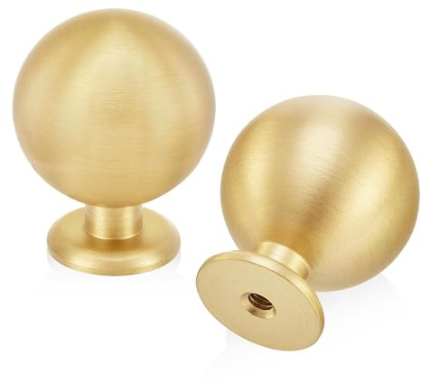 QOGRISUN 10-Pack Small Solid Brass Cabinet Knobs, Round Ball Gold Knobs for Dresser Drawer, 0.9-Inch Diameter, Mini Sphere Cabinet Pulls, Brushed Brass Finish