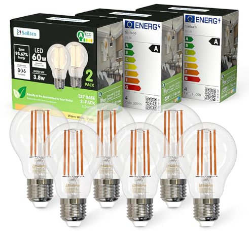 sailsco Klasse A E27 LED Vintage Lampe,3.8W 2700K 806 Lumen Warmweiss Leuchtmittel,A60 Vintage Energiesparlampe 60W Glühbirne Ersetzt,Nicht Dimmbar Birne,Glas,6 Stück