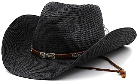 Sombrero Vaquero Occidental Hombre Mujer - Sombrero de Cowboy Western Cowgirl Hat Paja Panamá con Banda - Sombrero de Playa y Verano - Visera Negra