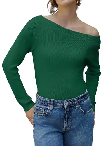 Zeagoo långärmad damtröjor båthals lättvikt jumper ribbade stickade pullovers skjortor, gRÖN, XL