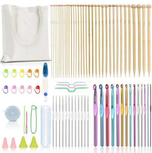 Reessy Knitting Needles Set, Compete Knitting Kit for Beginners Adults, 90Pcs Knitting Set with 18Pairs Bamboo Knitting Needle, Ergonomic Crochet Hooks, Accessories and Storage Tote Bag