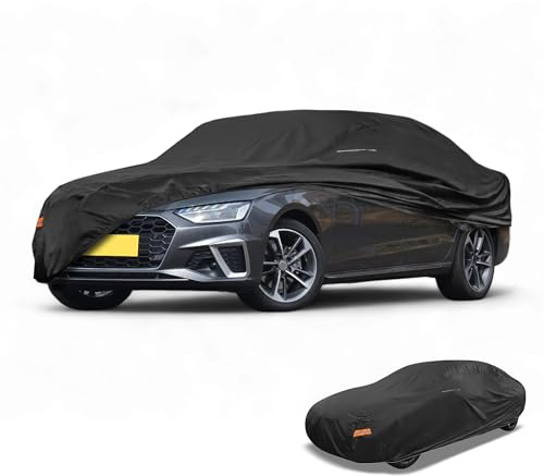 Partuto Universal Sedan bilöverdrag vattentätt alla väder regnskydd heltäckande ytterskydd med spegelfickor 210D-PU svart passform för sedanlängd 449 cm till 469 cm