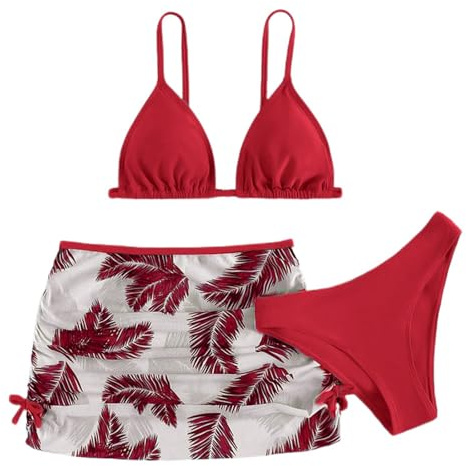 Maillot De Bain Enfant Fille Triangle 6-16 Ans Ensembles de Bikini 3 Pieces Haut De Maillot De Bain Rembourré + Tanga Ado Fille Tropical Plage Piscine Natation Vacances (12-14 Ans, Rouge)