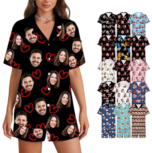 SosnSusn Set Pigiama Stampato Personalizzato, Set Pigiama Donna con Foto Faccia, Personalizzata Pigiama Corto Pjs Abbigliamento Notte Loungewear Taglia XS-2XL