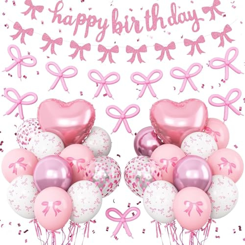 DazzJoy Sladdluftballonger Födelsedag Rosa Set med Happy Birthday-girlang, Sladd Heliumballonger, Födelsedagsdekoration Sladdluftballong Rosa för Barnkalas Deko Flicka, Kvinna Dekoration