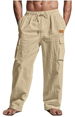 CSHE Jogginghose Herren Sommer Leinenhose Leicht Freizeithose Bequem Atmungsaktive Sporthose Einfarbige Leinen Hose mit Taschen Elastischer Weite Bein Cargohose