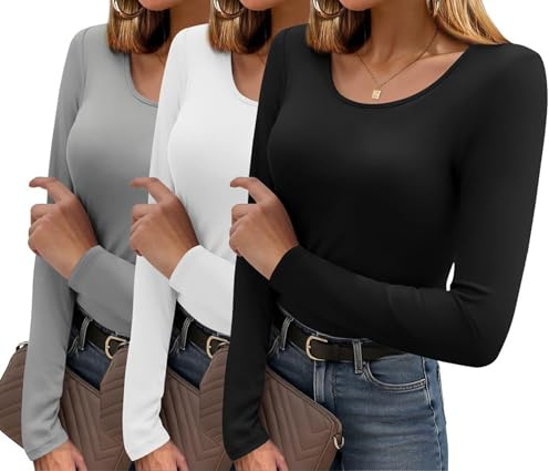 Ekouaer Tee Shirt à Manches Longues Femme Lot de 3 sous Vetement Thermique Elastique Top Haut Thermique Chauds, Noir + Gris Clair + Blanc L