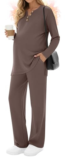 Sweetyweee 2 Piece Thermal Maternity Lounge Set Postpartum Pregnancy Fleece Loungewear Long Sleeve Top and Wide Leg Pant(Coffee,Medium)