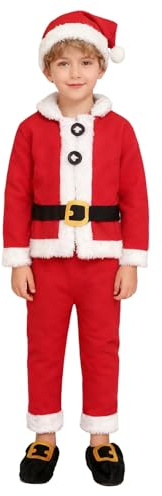 Deguisement Noel Enfant Pere Noel 4 pcs, Costume Bébé Père Noël, Costume de Noëls Rouge Manteau, Pantalons, Chapeau Bonnet du Père Noël et Chaussette- pour Fêtes de Noëls, Carnaval - 2-7 Ans