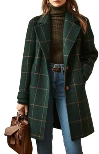 Abrigo Lana Cuadros para Mujer Otoño Invierno Cálido Largo Blazer Chaqueta Vestido Trendy Trench Sobretodo(Green,Small)