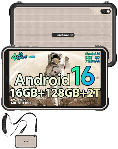 Ulefone RugKing Pad Pro Outdoor Tablet Android 16, 16GB + 128GB/2TB AI Tablet PC Mit Schultergurt, Tablet 8.68 Zoll Corning Glass, 7100 mAh Akku, 16MP Kamera, Dual SIM 4G /eSIM/NFC/GPS/OTG/IP69K-Grau