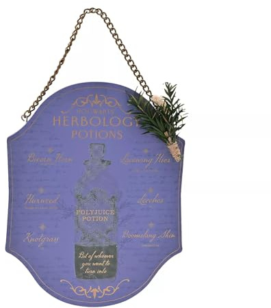 WARNER BROS Harry Potter herbology potions polyjuice väggplatta med kedjehängare, lila med gulddetaljer, skärmform, 23,5 cm