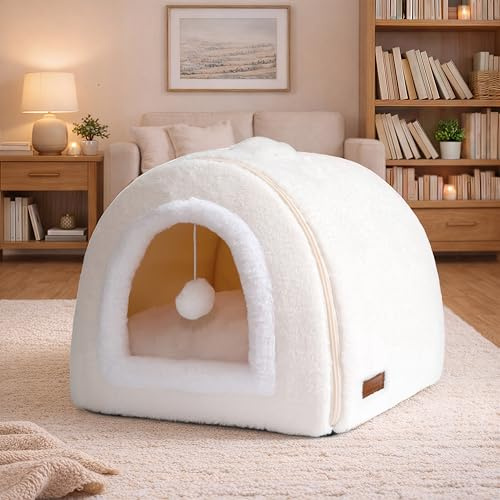 OMIVIER Cat Bed for Indoor Cats,2-in-1 Convertible Cat Bed & Cave,Foldable Washable Cat House,Soft and Thick Removable Inner pad, Anti-Slip Bottom,cat Tent for Kittens,Cats & Small Dogs,Cream