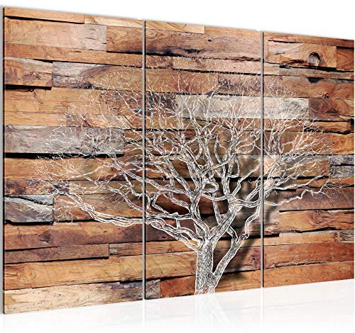 Runa Art Abstrakt Träd Väggmålningar vardagsrum XXL Beige Brun Trä Look 120 x 80 cm 3 Delar Väggdekoration 108931a