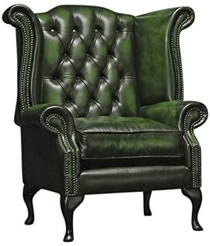 Chesterfield Company Green Queen Anne Chesterfield Leather Armchair | High Back Wingback Button Tufted Accent Chair with Mahogany Legs | Lounge Reading Chair Furniture 108 x 88 x 84cm
