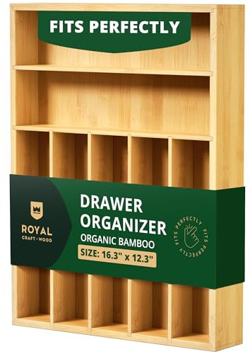 ROYAL CRAFT WOOD Luxury Bamboo Utensil Rack and Silverware Organizer, Kitchen Drawer Organizer - Utensil Holder and Cutlery Tray with Grooved Drawer Dividers for Flatware 7 Slot, Natural