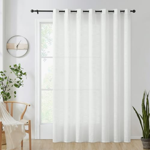 FMFUNCTEX Sliding Door Curtains White Linen Sheer Curtains 84 Living Room 100 Width Extra Wide Patio Glass Door Panel Room Divider Bedroom Drapes Large Semi Sheer Window Panels Grommet Top 1 Panel