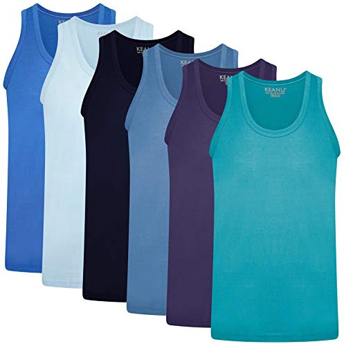 Keanu Mens Fitted 100% Cotton Vests Pack of 6 - Blue Mix (2XL)