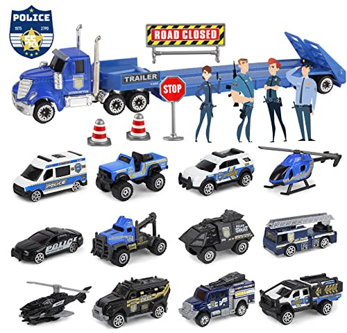 Oriate Diecast Police Rescue City SWAT Car Toys Set, 13pcs Alloy Mini Police Vehicles Rescue Truck, Heavy Duty Trailer Patrol Transport Trailer, Road Signs Birthday Cake Topper Stickers for Kids