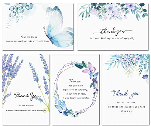 Confezione da 50 biglietti di ringraziamento funerali con buste, adesivi e messaggio all'interno, 4 × 6 in acquerello, fiori, farfalle, lutto, simpatia, biglietti di ringraziamento per funerali,