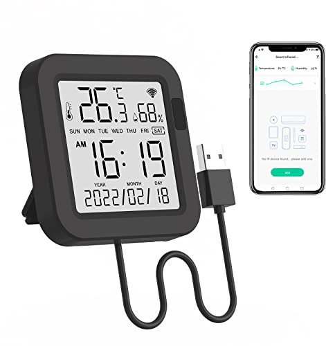 eMylo Thermomètre Hygromètre Intérieur, Télécommande Universelle Intelligente WiFi IR, Compatible avec Alexa, grand écran avec rétroéclairage Hygromètre pour la maison/le bureau