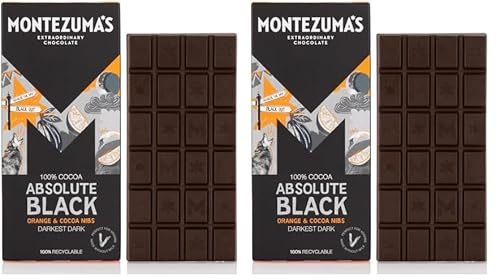 Montezuma's Absolute Black, 100% Cocoa, Dark Chocolate Orange & Cocoa Nibs, Gluten Free & Naturally Vegan, 90g Bar (Pack of 2)