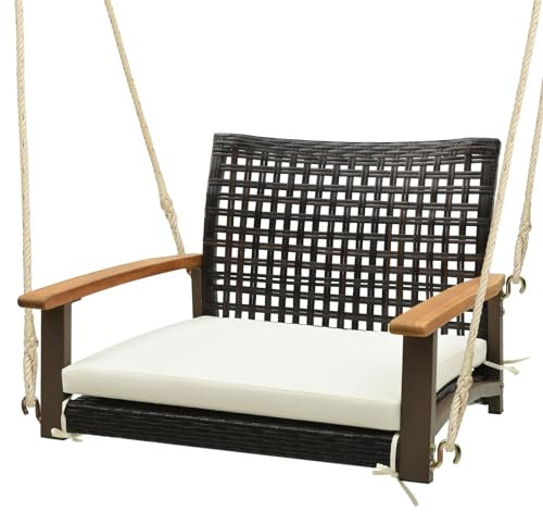 COSTWAY Rottinghängstol kan belastas upp till 180 kg, hängstol med kudde och träarmstöd och hänglinor, hängstol, terrassgunga för veranda och bakgård