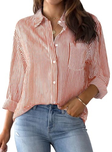 MINTLIMIT Women's Striped Button Down Shirts Long Sleeve Casual Blouse Tops with Pockets for Women 2024 Orange