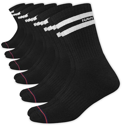 NAVYSPORT Chaussettes de Sport Homme (Lot de 6 Paires) Chaussettes Classiques Hautes en Coussin Épais Coton Homme Femme Unisex Crew Taille: 43-46, (Noir)