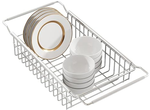 Stendino Per Lavello - Scolapiatti Telescopico Con Cestello In Rete | Organizzatore Per Lavello Da Cucina | Cestello In Filo Metallico Per Scolapiatti | Scolapiatti Da Cucina | Cesto Sotto Il Ripiano