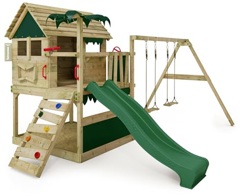 Fatmoose Parco giochi Portico Arrampicata TikaTaka Town XXL con altalena & Scivolo Verde, all'aperto Bambini Torre di arrampicata con Sabbia Scala & Accessori per Giochi