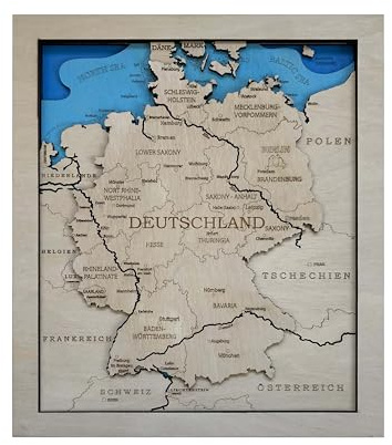 Deutschlandkarte aus Holz - Größe 43 x 35 cm - 3D Kunst Wanddekoration - Wandkunst für Heim, Küche oder Büro
